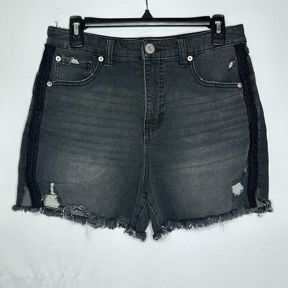 High Rise Distressed Gray Denim Shorts